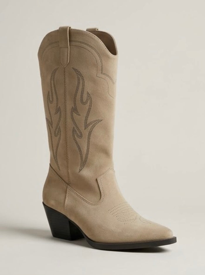 Primark Beige Suede Embroidered Cowboy Boots