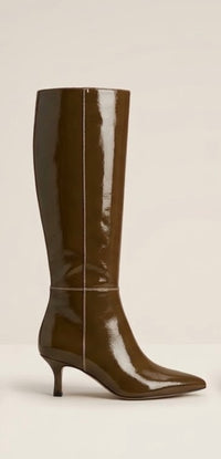 Pretty Little Thing Olive Patent Knee-High Kitten Heel Boots