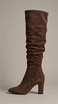 Dune Brown Suede-Effect Slouch Block Heel Boots