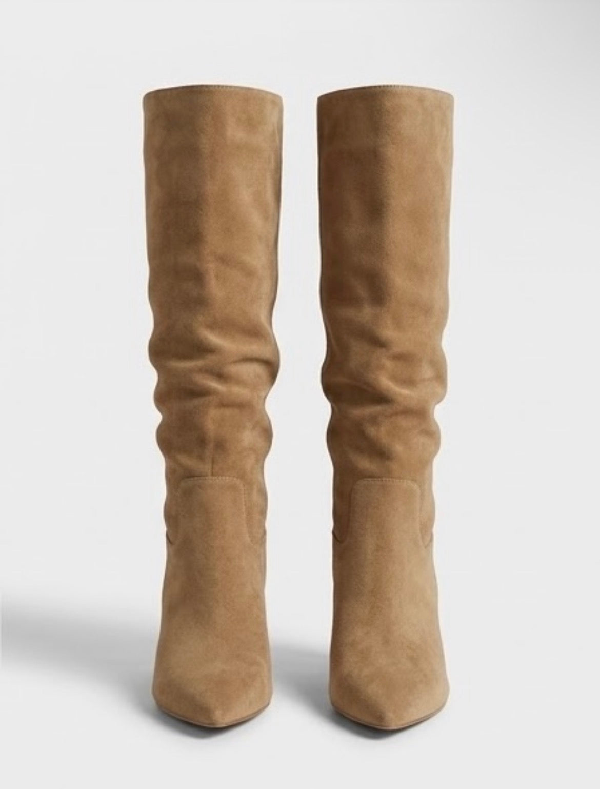 Boohoo Camel Suede Slouch Knee-High Stiletto Boots, front view
