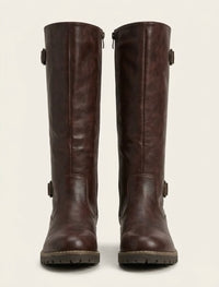 Lotus Dark Brown Knee-High Buckle Biker Boots