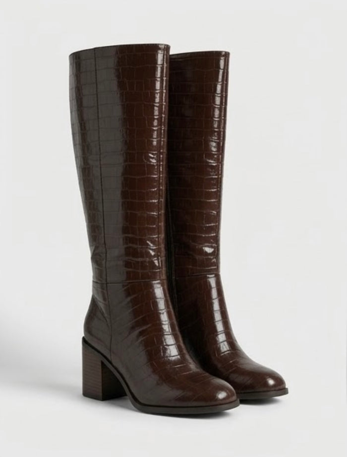 Boohoo Wide Fit Brown Croc-Effect Block Heel Knee-High Boots