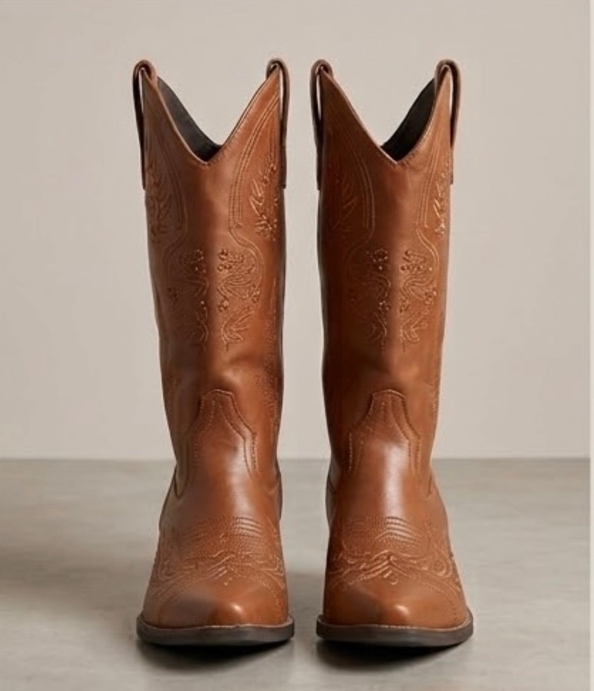Boohoo Tan Embroidered Cowboy Boots, front view
