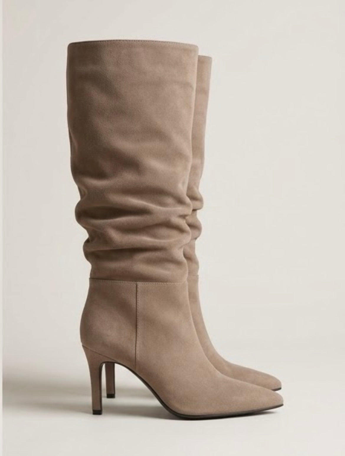 Boohoo Taupe Suede Slouch Knee-High Stiletto Boots, side view