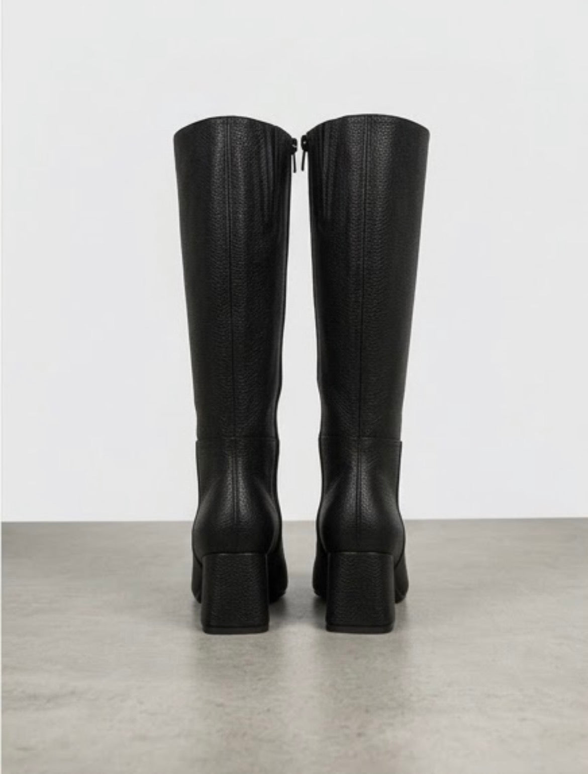 Boohoo Black Pebbled Knee-High Block Heel Boots, back view