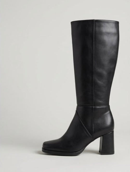 Boohoo Black Square Toe Knee-High Block Heel Boots, side view