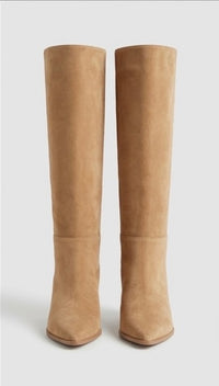 Boohoo Camel Suede-Effect Knee-High Kitten Heel Boots