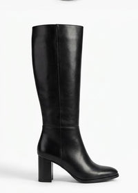 Primark Black Block Heel Knee-High Boots with Gold Buckle