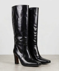 River Island Black Patent Square Toe Knee-High Block Heel Boots