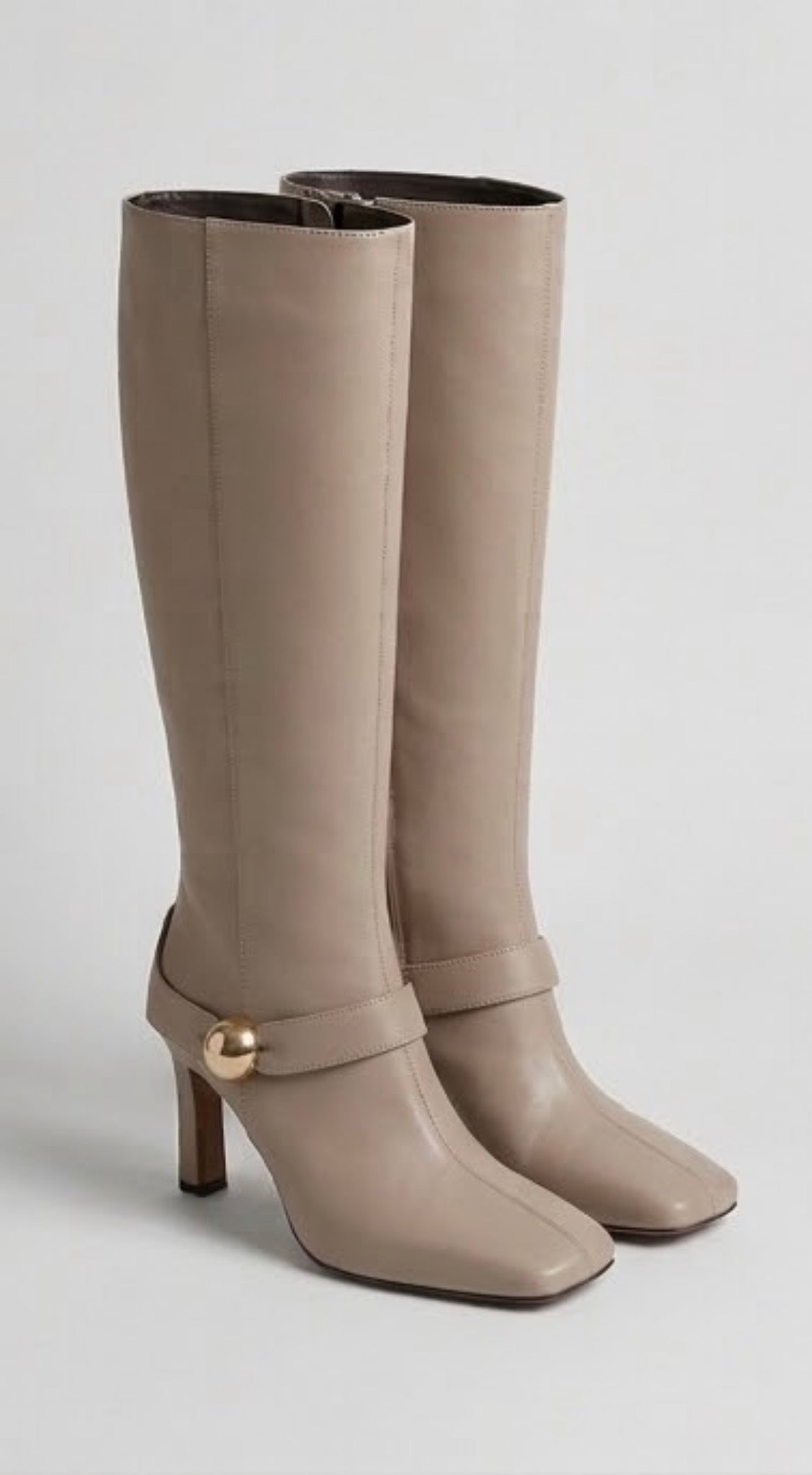 River Island Stone Square Toe Knee-High Heeled Boots with Gold Trim