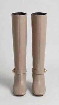 River Island Stone Square Toe Knee-High Heeled Boots with Gold Trim