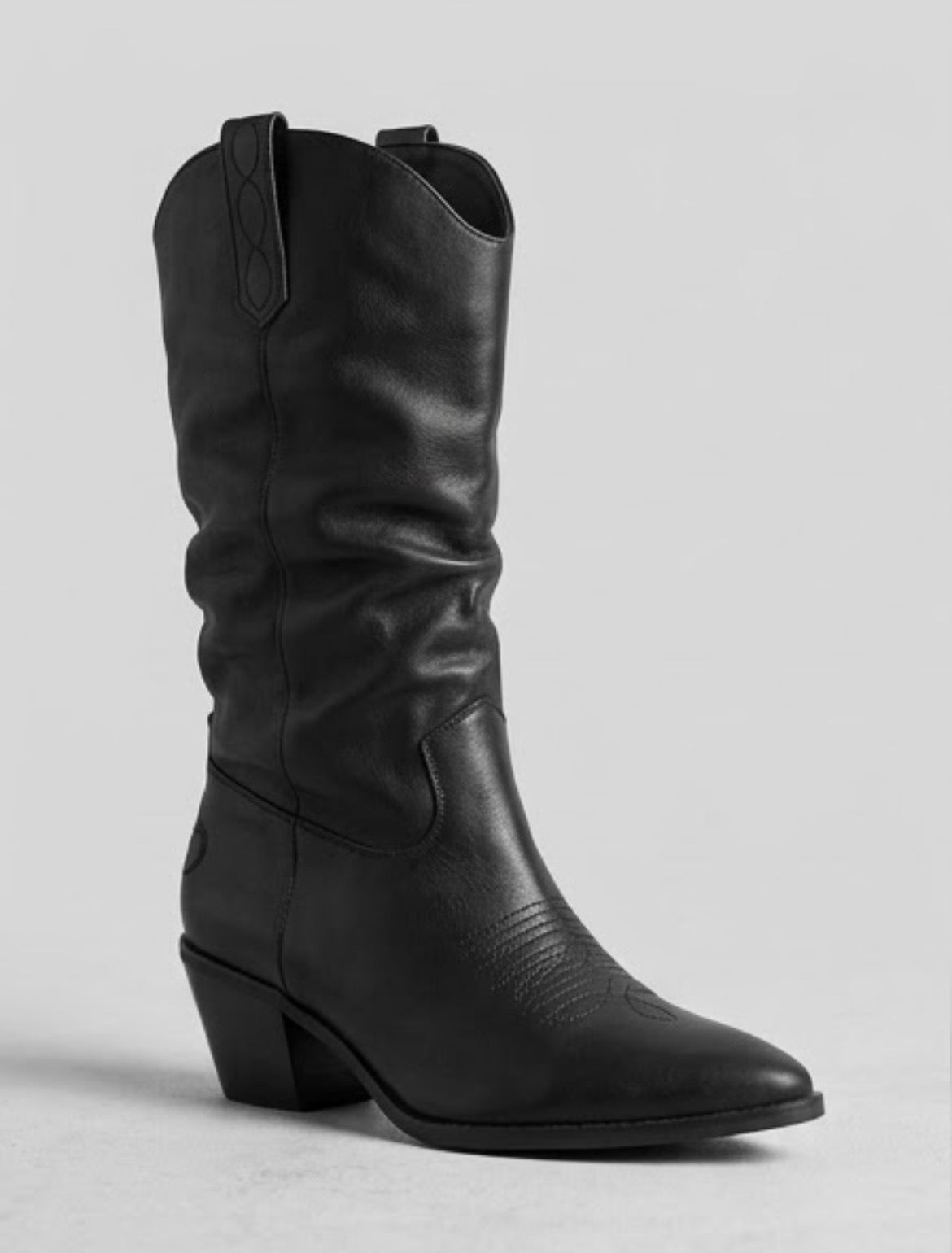 Boohoo Black Slouch Mid-Calf Cowboy Boots, angled view