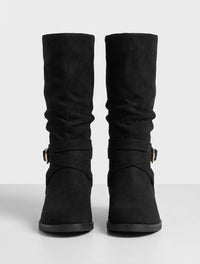 Oasis Black Suede-Effect Slouch Buckle Strap Boots