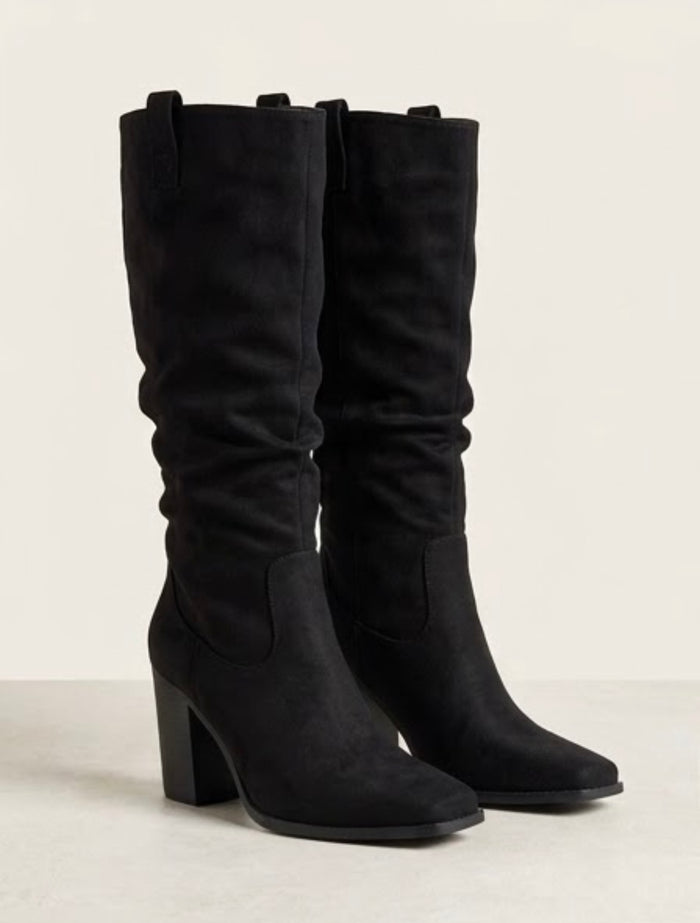 Miss KG Black Suede-Effect Slouch Knee-High Block Heel Boots