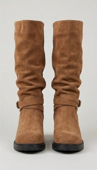 Pretty Little Thing Camel Suede-Effect Slouch Buckle Strap Boots