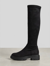 Linzi Black Stretch Knee-High Chunky Sole Boots