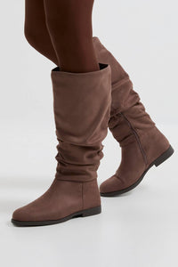 Brown Suede-Effect Slouch Flat Boots
