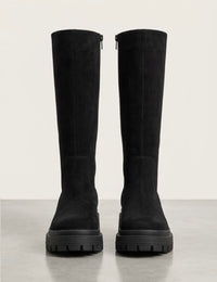 Boohoo Wide Fit Black Suede-Effect Knee-High Chunky Cleated Sole Boots