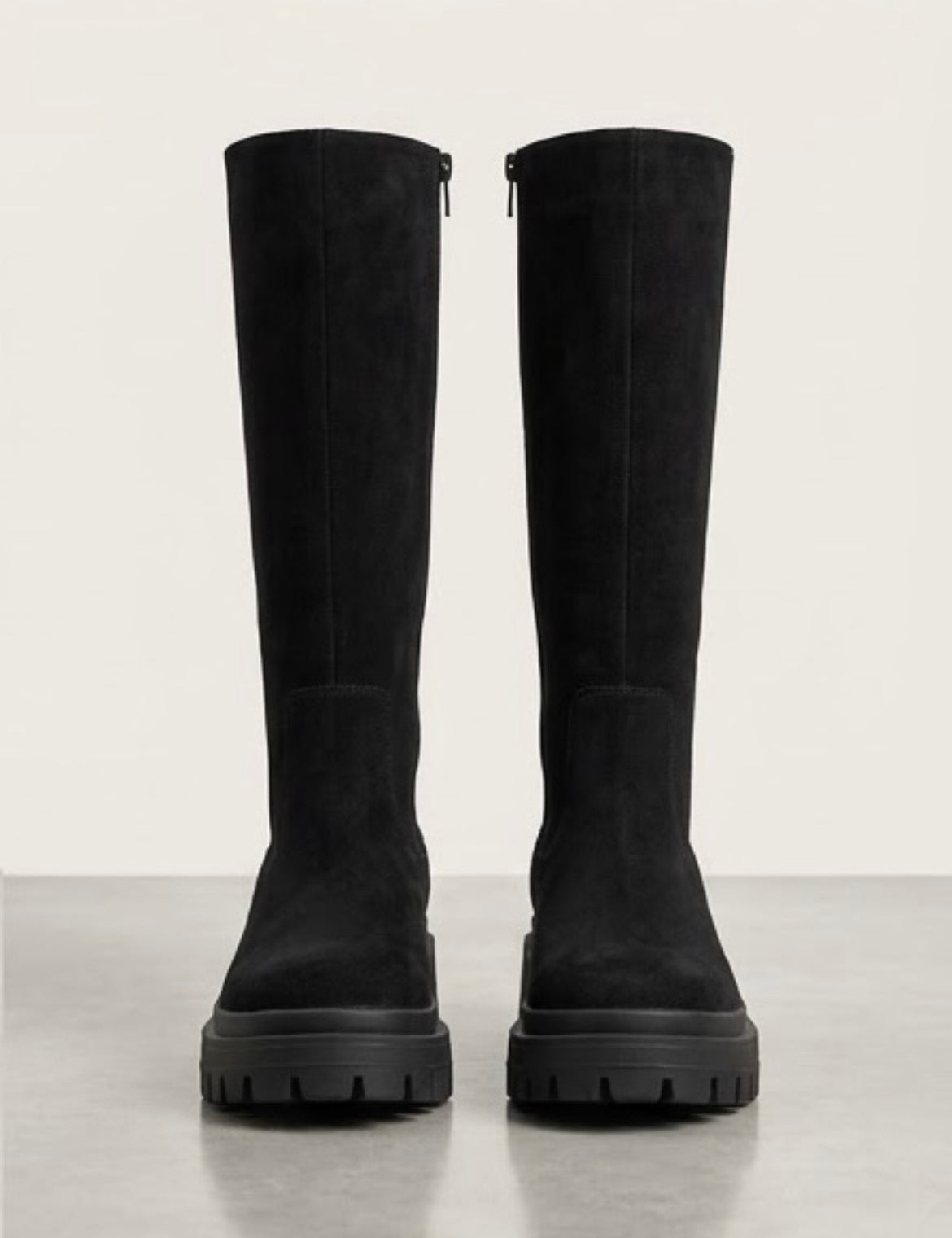 Boohoo Wide Fit Black Suede-Effect Knee-High Chunky Cleated Sole Boots