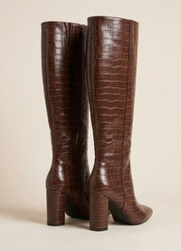 Boohoo Brown Croc Knee-High Block Heel Boots
