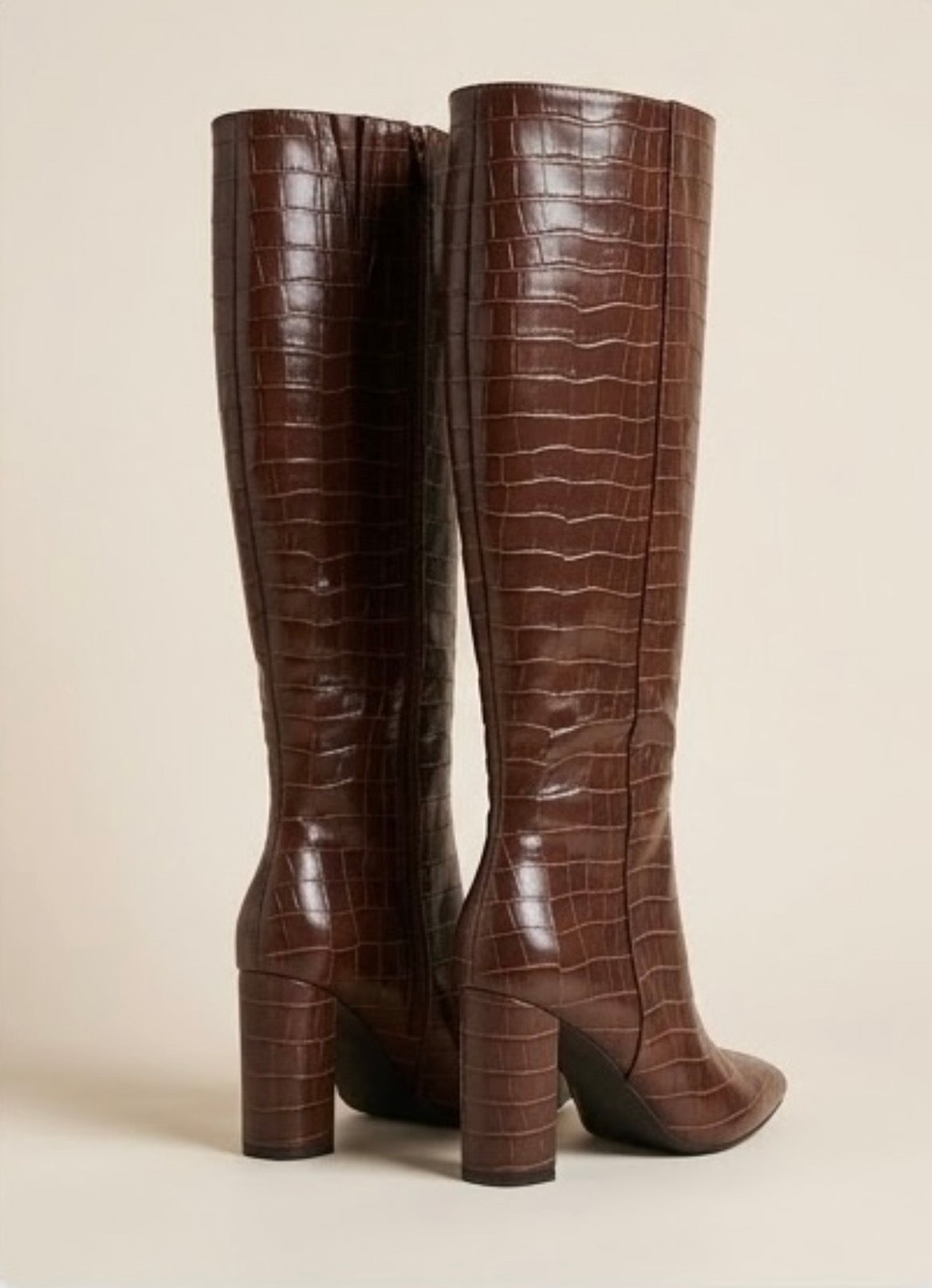 Boohoo Brown Croc Knee-High Block Heel Boots, back view