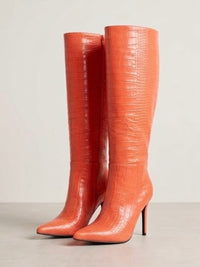Pretty Little Thing Orange Croc-Effect Knee-High Stiletto Boots