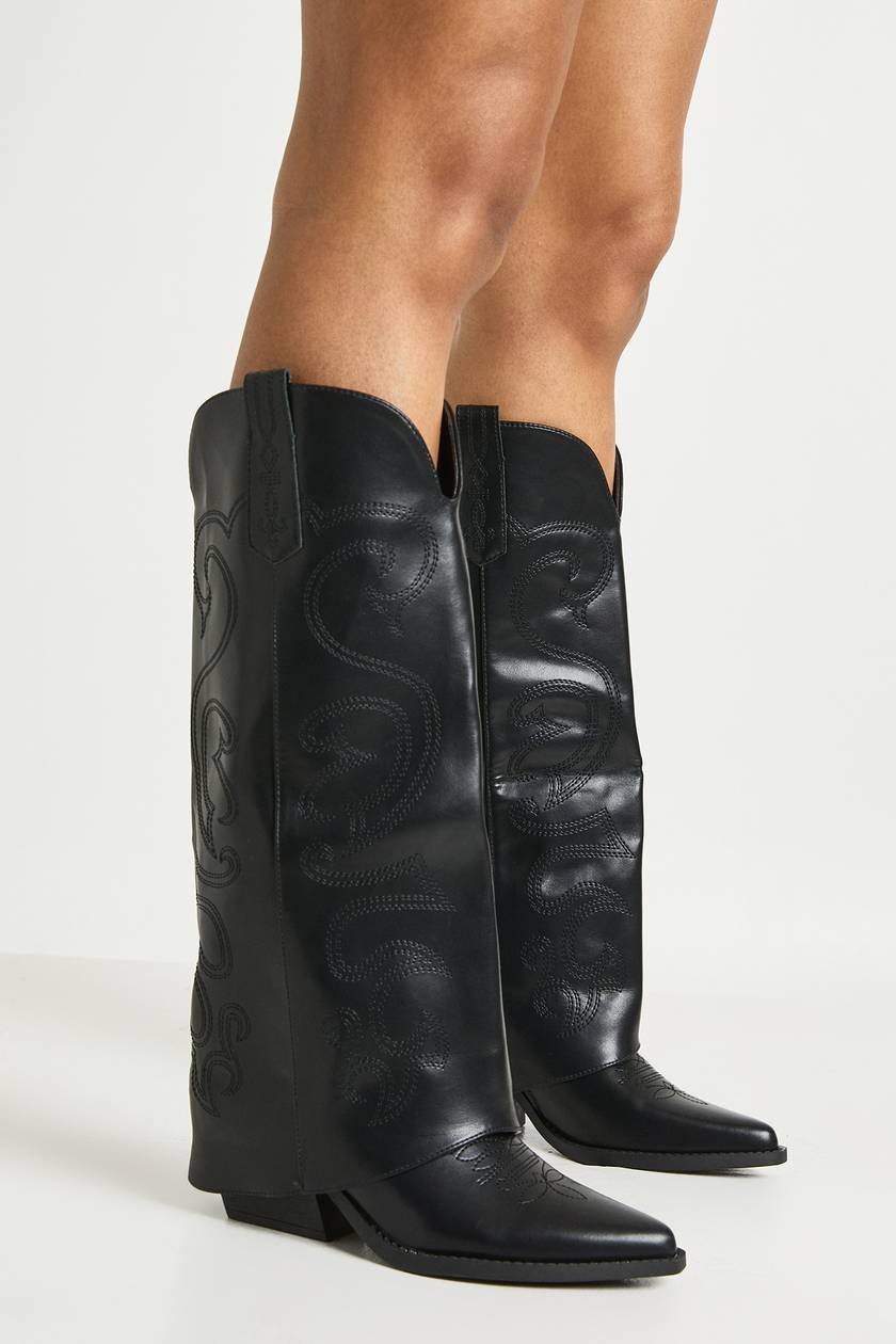 Black Embroidered Fold-Over Western Knee-High Boots