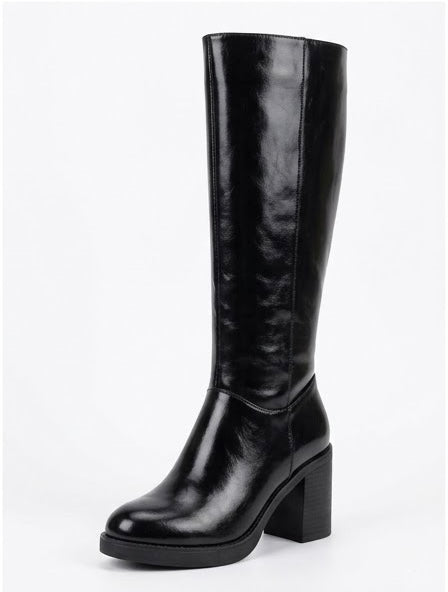Boohoo Black High-Shine Block Heel Knee-High Boots
