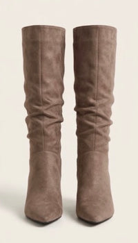 Taupe Suede-Effect Slouch Kitten Heel Boots