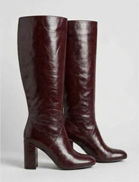 Boohoo Burgundy High-Shine Block Heel Knee-High Boots