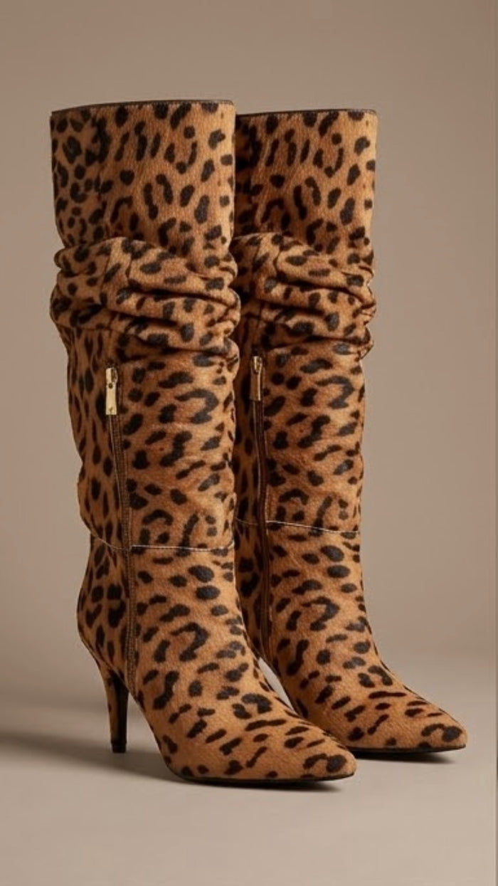 River Island Leopard Print Slouch Knee-High Stiletto Boots