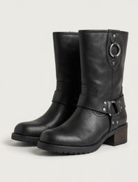 Schuh Black Leather Harness Biker Mid-Calf Boots