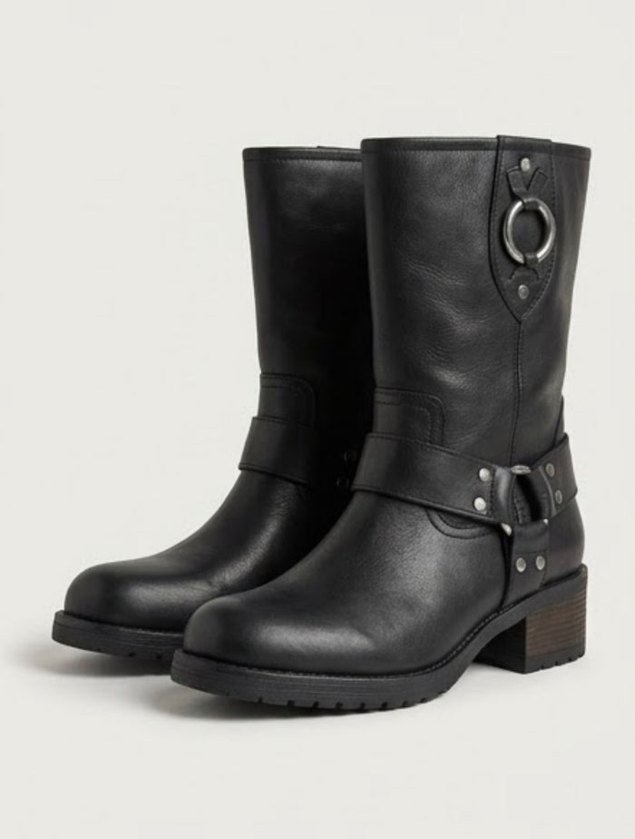 Schuh Black Leather Harness Biker Mid-Calf Boots
