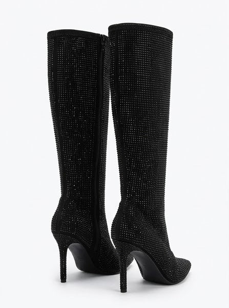Mint Velvet Black Diamanté Embellished Stiletto Knee-High Boots