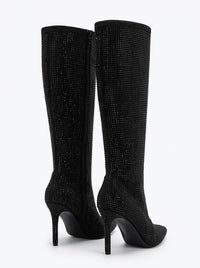 Mint Velvet Black Diamanté Embellished Stiletto Knee-High Boots