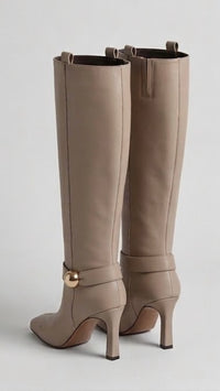River Island Stone Square Toe Knee-High Heeled Boots with Gold Trim