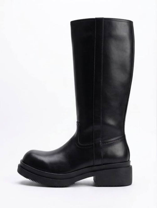 Boohoo Black Knee-High Chunky Sole Boots with Side Panel
