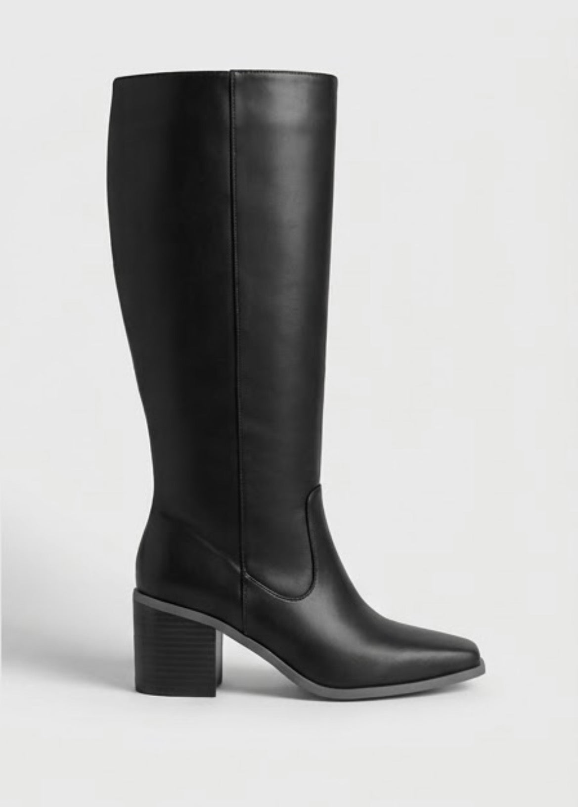Boohoo Black Knee-High Stacked Block Heel Boots, side view