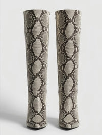 River Island Beige Snake Print Knee-High Kitten Heel Boots