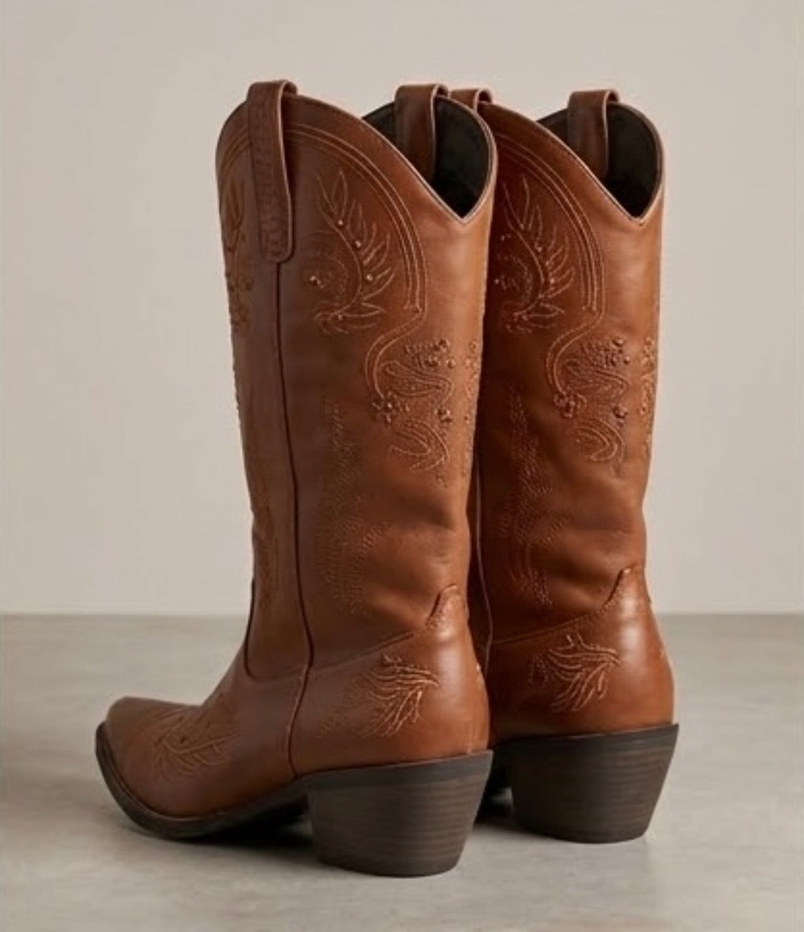Boohoo Tan Embroidered Cowboy Boots, back view