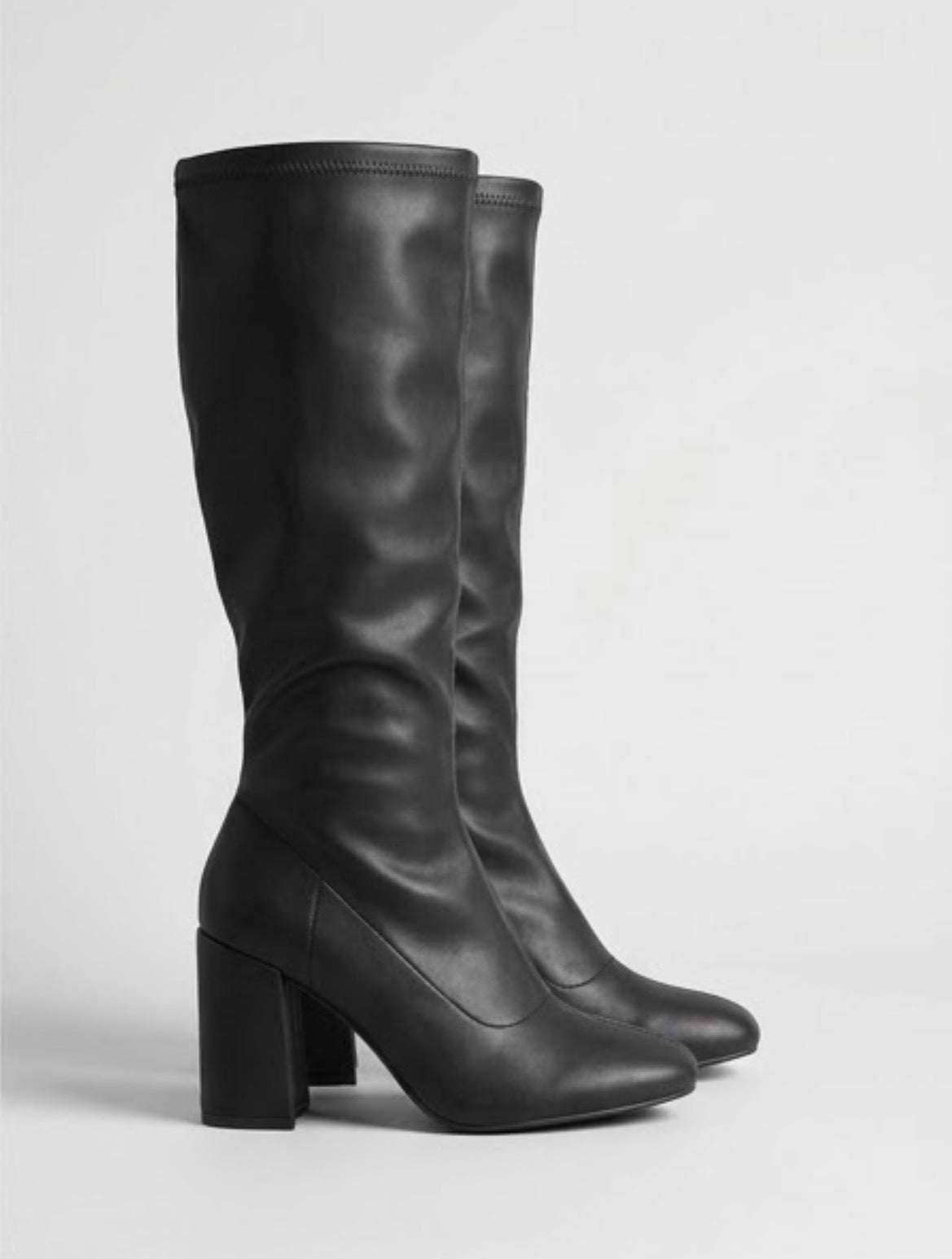 Boohoo Black Stretch Knee-High Block Heel Boots, side view