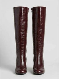 Boohoo Burgundy High-Shine Block Heel Knee-High Boots