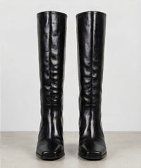 River Island Black Patent Square Toe Knee-High Block Heel Boots