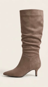 Taupe Suede-Effect Slouch Kitten Heel Boots
