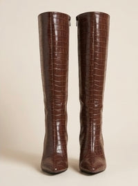 Boohoo Brown Croc Knee-High Block Heel Boots