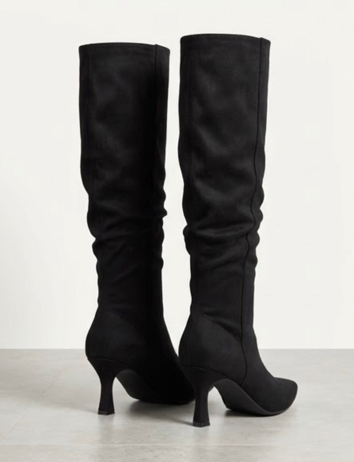 Boohoo Wide Fit Black Suede-Effect Slouch Knee-High Mid Heel Boots