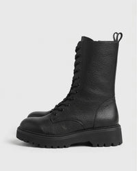 Primark Black Pebbled Lace-Up Chunky Mid-Calf Boots