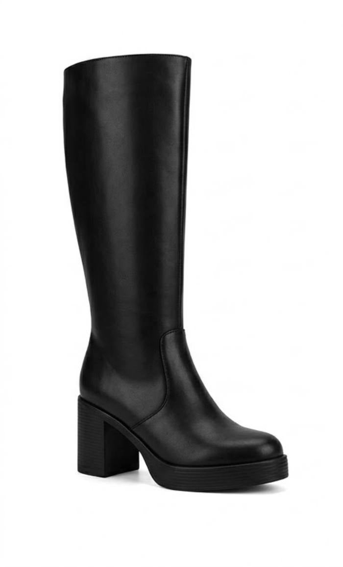 Boohoo Black Chunky Platform Block Heel Knee-High Boots