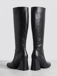 Pretty Little Thing Black Square Toe Knee-High Flared Heel Boots