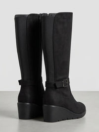 Good for the Sole Black Suede-Effect Knee-High Wedge Boots